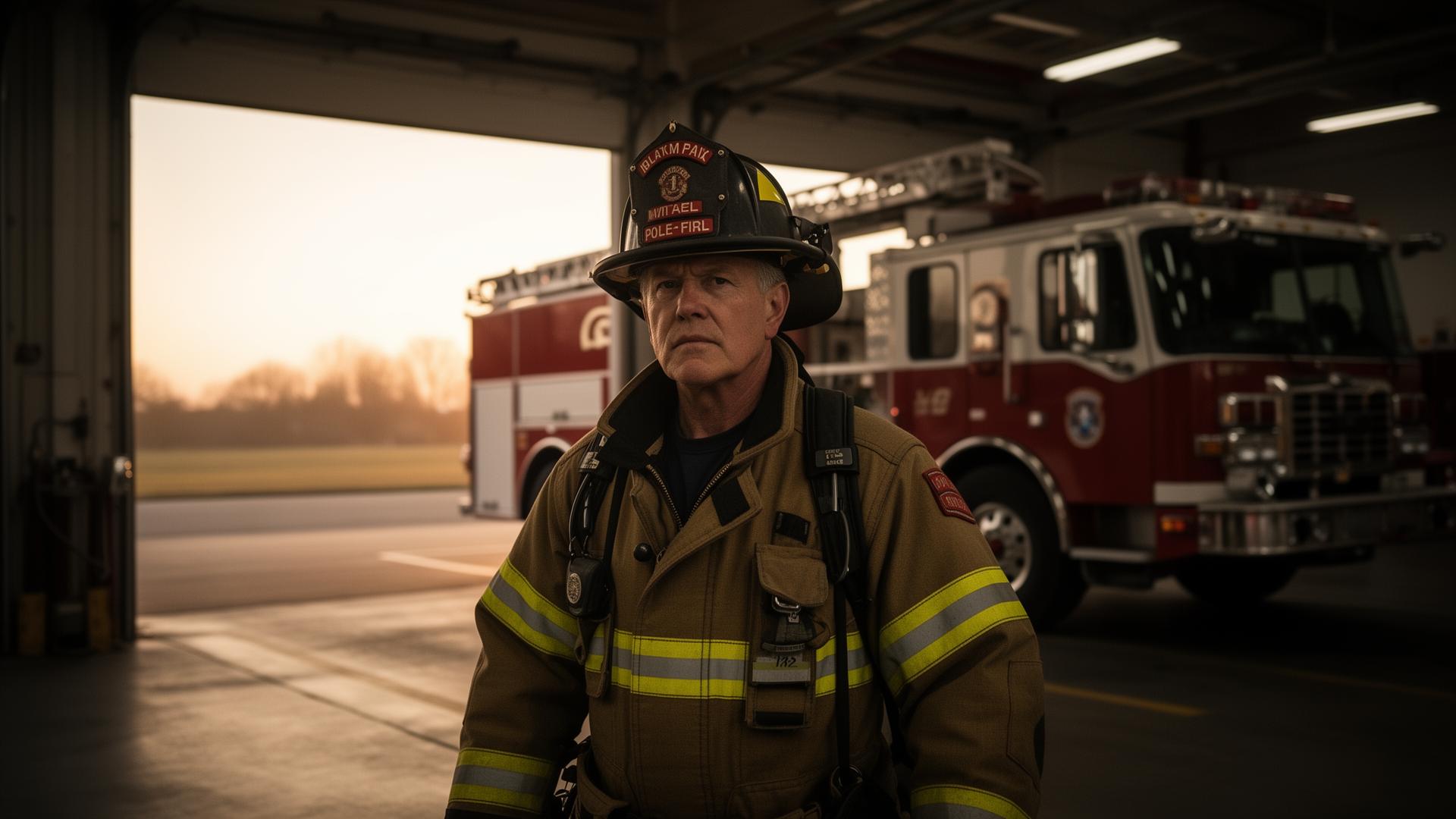 Veteran firefighter standing in apparatus bay at dawn