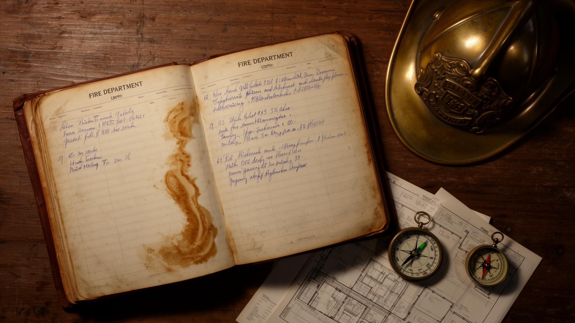 Open fire department logbook with handwritten notes, brass helmet shield, preplan and compass